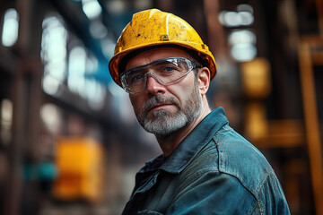 Middle-aged worker in a steel plant wearing a yellow helmet and safety glasses, posing for the camera with a blurred industrial background, captured with Sony Alpha a7 III and macro lens to highlight 