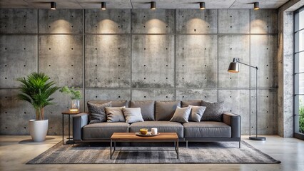 Sleek grey sofa stands out against a backdrop of industrial chic concrete tiled wall in a minimalist loft living room with modern touches.