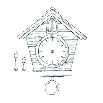recommend clip art: Wall clock with cuckoo, dial and hands, pendulum, wooden, antique. Line art is a simple hand-drawn illustration in black and white ink. Isolated vector EPS object.