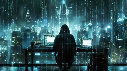 Hacker in a city at night.