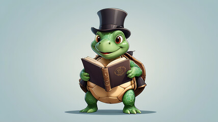 A 3D cute cartoon style portrait of a wise, monocle-wearing turtle character with a top hat, wrinkled smile, and a book under its arm, set against a simple background