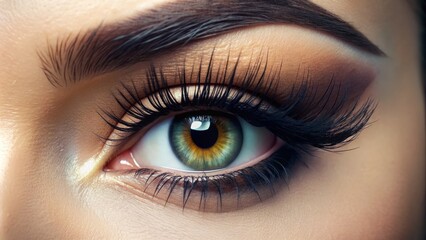 Fototapeta premium Vibrant close-up of a woman's eye adorned with luscious eyelash extensions, showcasing various volume styles, in a beauty salon setting, with a clean and modern aesthetic.