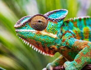 Close-up portrait of a chameleon with bright exotic skin in colorful colors