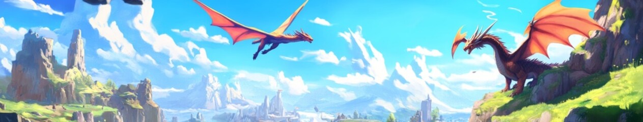 Fototapeta premium Epic Adventure Realm: Anime-Style Dragon and Hero in a Quest for Glory, Perfect for Game Art, Storybook Illustrations, and Immersive Storytelling in 4K Wallpaper Video
