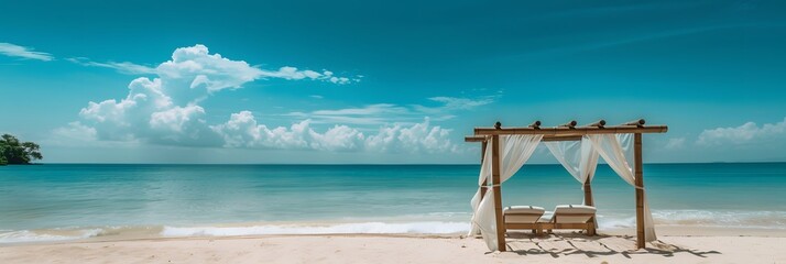 A tropical beach scene with chairs, umbrellas, and a relaxing summer vibe