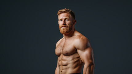A shirtless, muscular man with a red beard standing against a dark background, showcasing his defined physique.