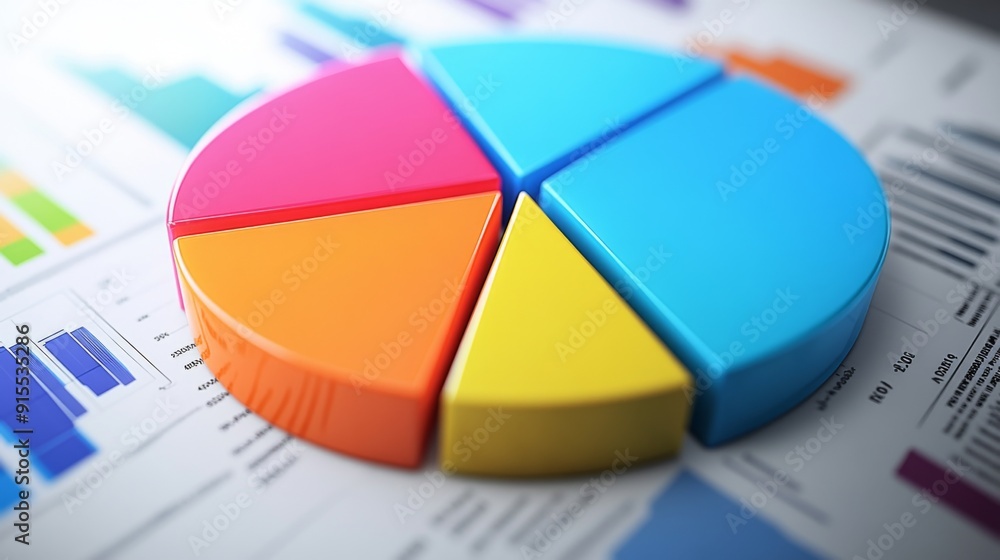 Poster a detailed shot of a pie chart with segmented areas labeled with financial data, designed for a busi