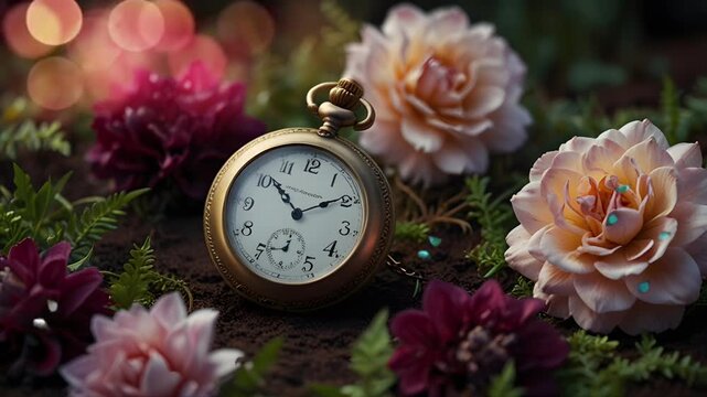 Old pocket clock on the ground with beautiful flower decoration. Seamless 4K looping timelapse video animation generated AI