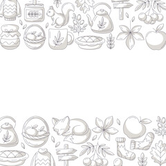 Autumn square poster, space for text. Minimalist monochrome gray bottom and upper frame with fall seasonal cozy elements, food, clothes, mushrooms, animals. For card, banner, invitation, social media