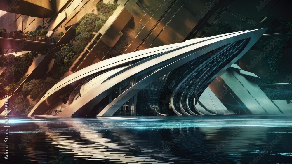 Poster futuristic curved building architecture 3d render background