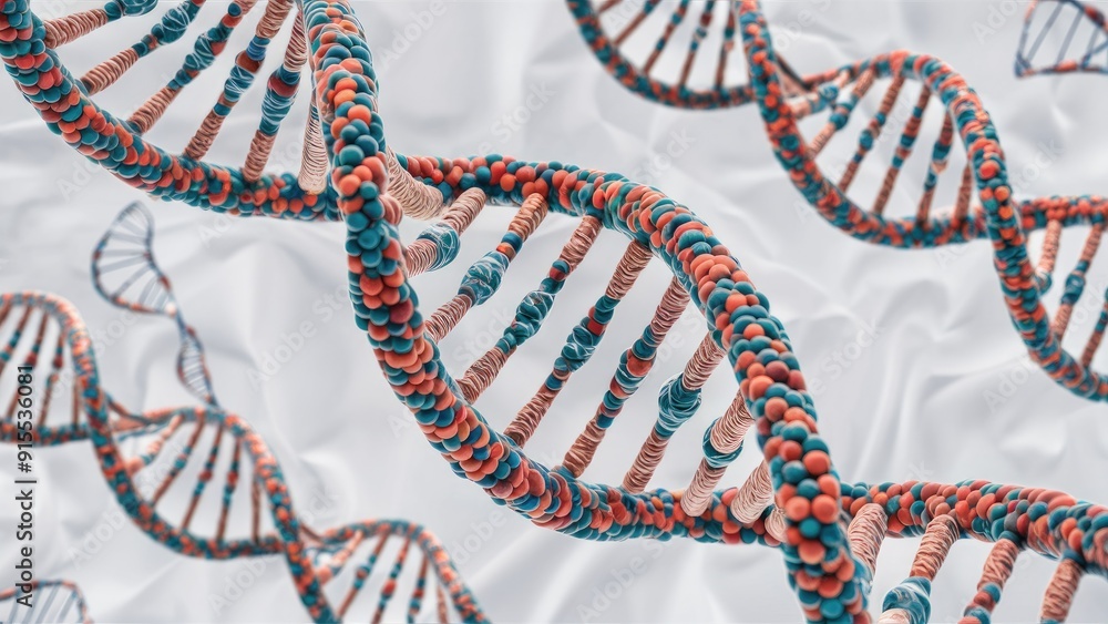Poster 3d rendering of a dna double helix structure with spheres on a clean white background featuring ampl