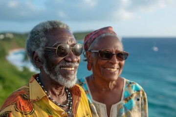 Obraz premium Happy senior couple enjoying vacation with ocean view