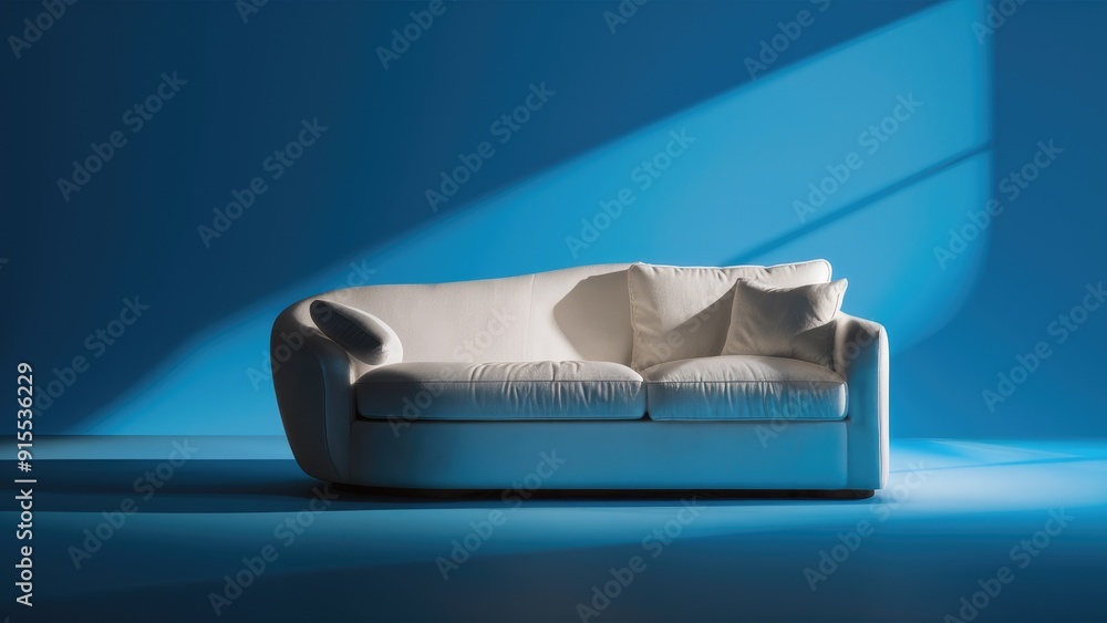 Poster isolated realistic white sofa design with shadow positioned on the right side of the composition 3d 
