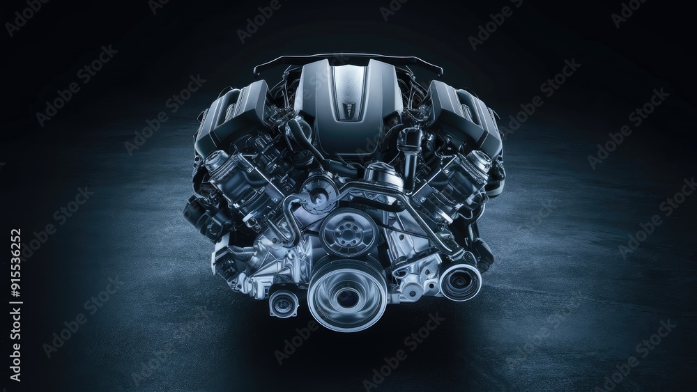 Fototapete 3d render of a car engine isolated on a dark background no ai software used in creation