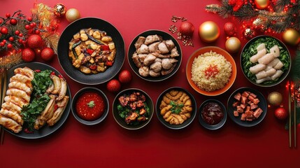Fototapeta premium Festive Holiday Feast with Variety of Dishes on Red Table