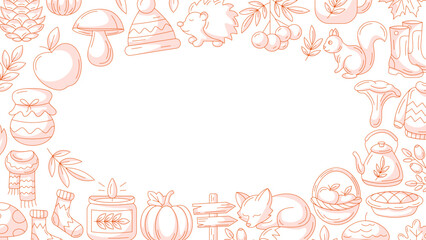 Autumn minimalist horizontal banner with border frame of fall cozy elements. Space for text in the middle, isolated white background. Seasonal poster, flyer, cover, advertising, invitation for holiday