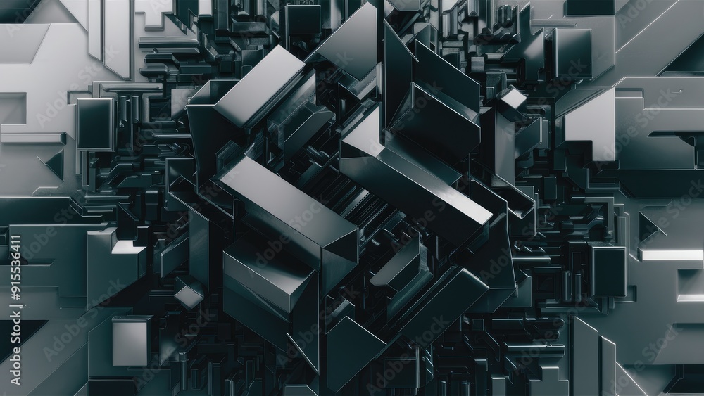 Poster abstract monochrome background with dark gray geometric blocks in 3d