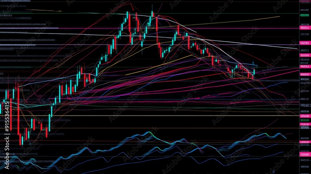 Aufkleber A detailed stock chart with multiple indicators and trend lines, illustrating advanced technical analysis.