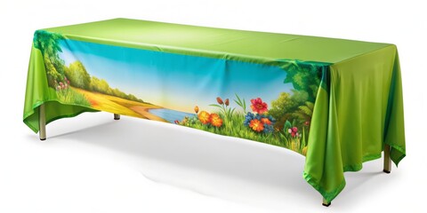 Vibrant, fitted table cloth with stitched edges, smooth surface, and exhibition-style advertising runner, perfect for trade show displays, product showcases, or promotional events.