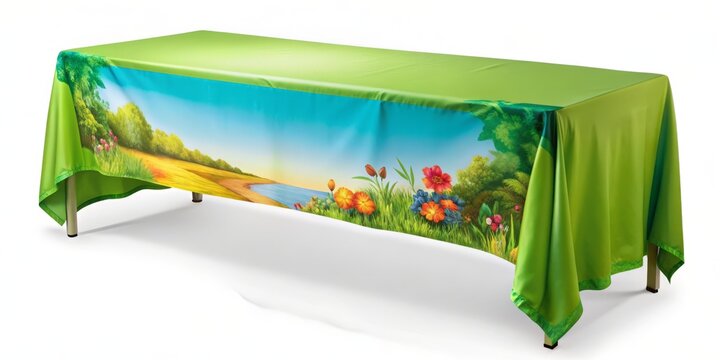Vibrant, fitted table cloth with stitched edges, smooth surface, and exhibition-style advertising runner, perfect for trade show displays, product showcases, or promotional events.