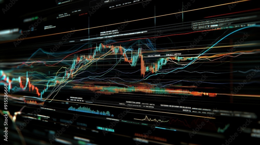 Poster a detailed stock chart with multiple indicators and trend lines, illustrating advanced technical ana