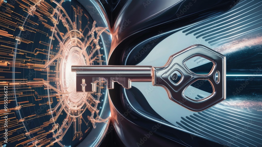 Poster 3d illustration of a key unlocking a data network