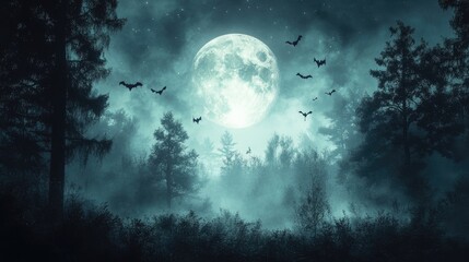 Fototapeta premium Eerie Full Moon Night with Bats Flying Over Foggy Forest