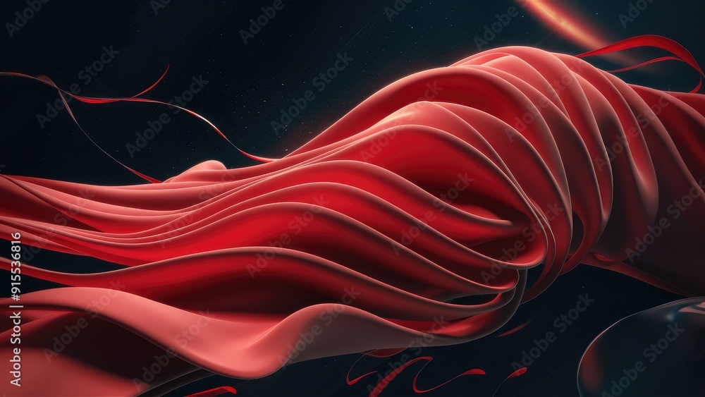 Poster abstract illustration of flowing red fabric wave patterns