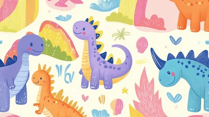 Cute dinosaur design pattern in colorful scheme simple lines art style for cute kids theme minimalist abstract design