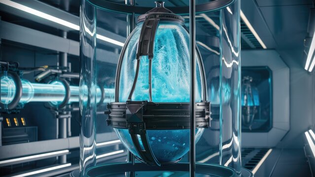Futuristic Cryogenic Hibernation Capsule in a Glass Tube with Frozen Liquid  SciFi 3D Illustration of Advanced Cryopod Technology in a Laboratory Setting