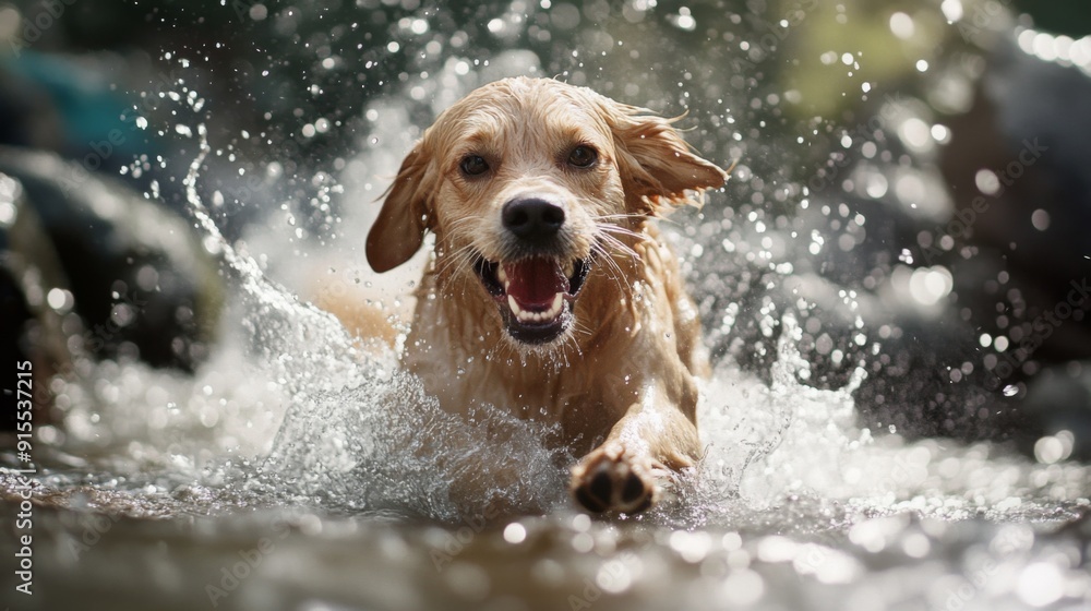Poster a detailed view of a dog splashing in a shallow stream, with water droplets flying around and a look