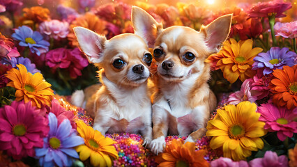 Chihuahua dog lover in flower sea on romantic valentine background.
