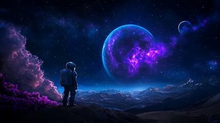 Obraz premium Solitary figure bathed in moonlight, a cosmic silhouette against a canvas of celestial wonders