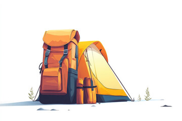 Outdoor Camping Gear - Backpack and Tent in Nature Illustration for Adventure Enthusiasts