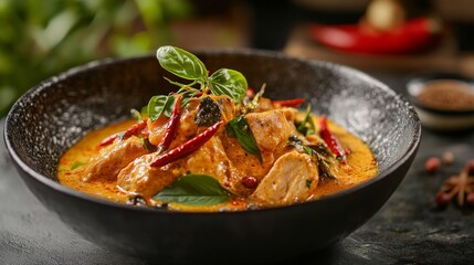 A detailed view of a fusion dish combining Thai and Indian flavors, such as Thai red curry chicken with Indian spices.