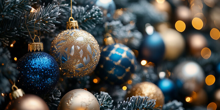 Gold, silver and blue Christmas ornaments  - a close up view of ornate decorations surruonded by warm twinkle lights on a flocked tree