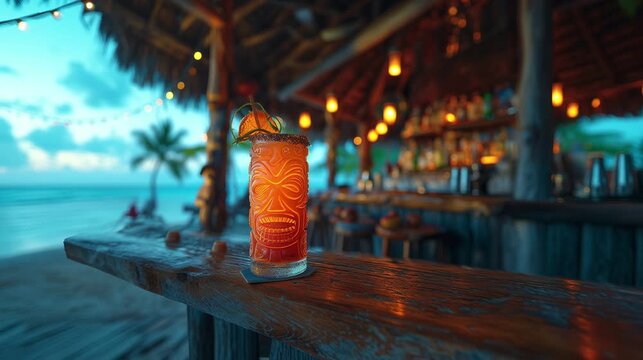 A delicious tropical tiki drink sits in the foreground, in the background is a beachfront tiki bar - video sequence - camera slowly zooms in on the drink