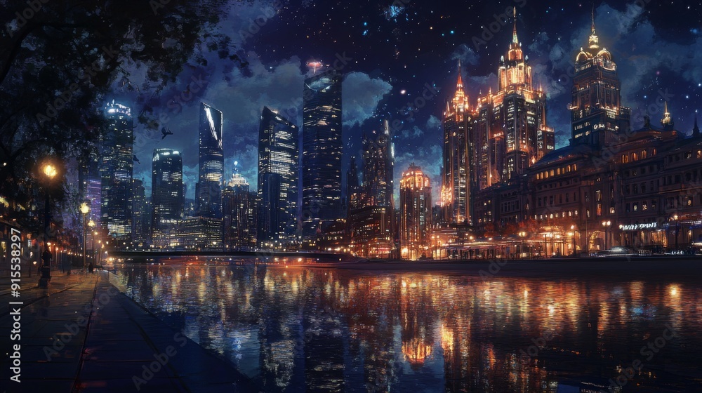 Poster a detailed view of a nightscape with illuminated buildings and reflections on a body of water, showc