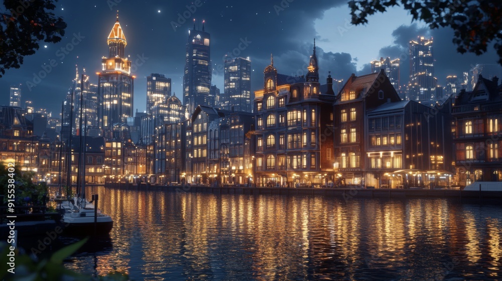 Poster a detailed view of a nightscape with illuminated buildings and reflections on a body of water, showc