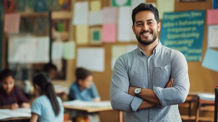 Smiling male ESL teacher in a classroom setting with students in the background, teaching English to non-native speakers