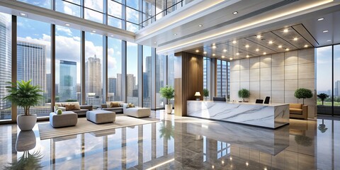 Modern luxury interior of a high-rise building lobby with blurred reception area, sleek white walls, and expansive glass windows overlooking a bustling cityscape outside.