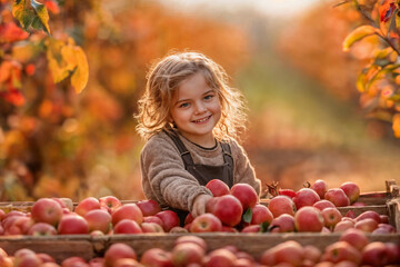 Smiling girl picking apples in autumn forest. Generative AI