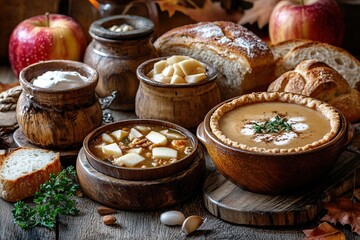 Traditional autumn harvest feast with warm dishes. Generative AI