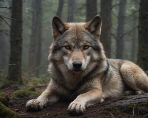 Obraz premium Majestic Wolf in Misty Forest