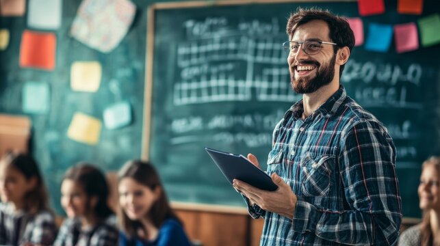 
Smiling ESL teacher holding a tablet while teaching English to non-native speakers in a classroom