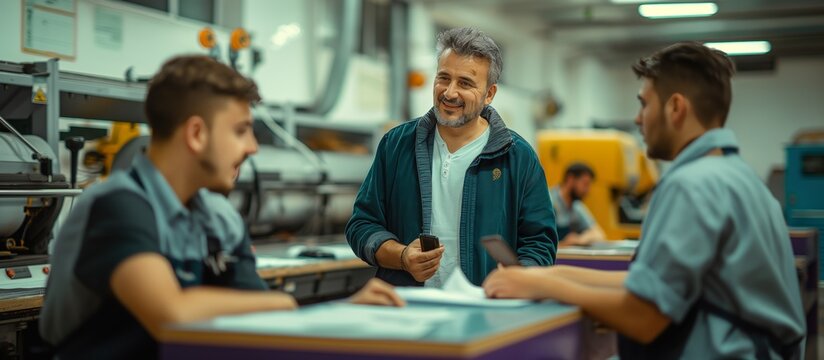 Mentor guiding apprentices in modern industrial workshop during hands-on training session

