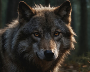Intense Gaze of a Wolf in the Forest