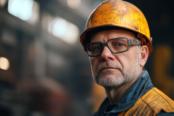  Middle-aged professional in a steel plant, equipped with a yellow helmet and safety glasses, with a blurred industrial backdrop. Highlights safety and manufacturing skills.
