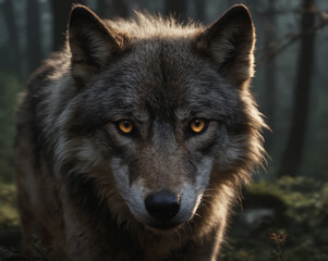 Intense Wolf in Misty Forest