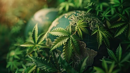 A close-up image of a globe surrounded by green leaves in a forest setting. Generative AI
